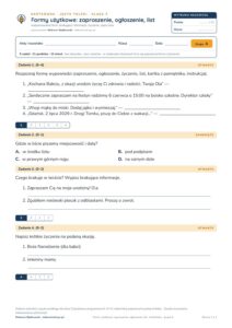 Formy użytkowe: zaproszenie, ogłoszenie, list — kartkówka, kl. 5 — pierwsza strona arkusza grupy A