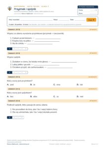 Przyimek i spójnik — kartkówka, polski kl. 5 — pierwsza strona arkusza grupy A