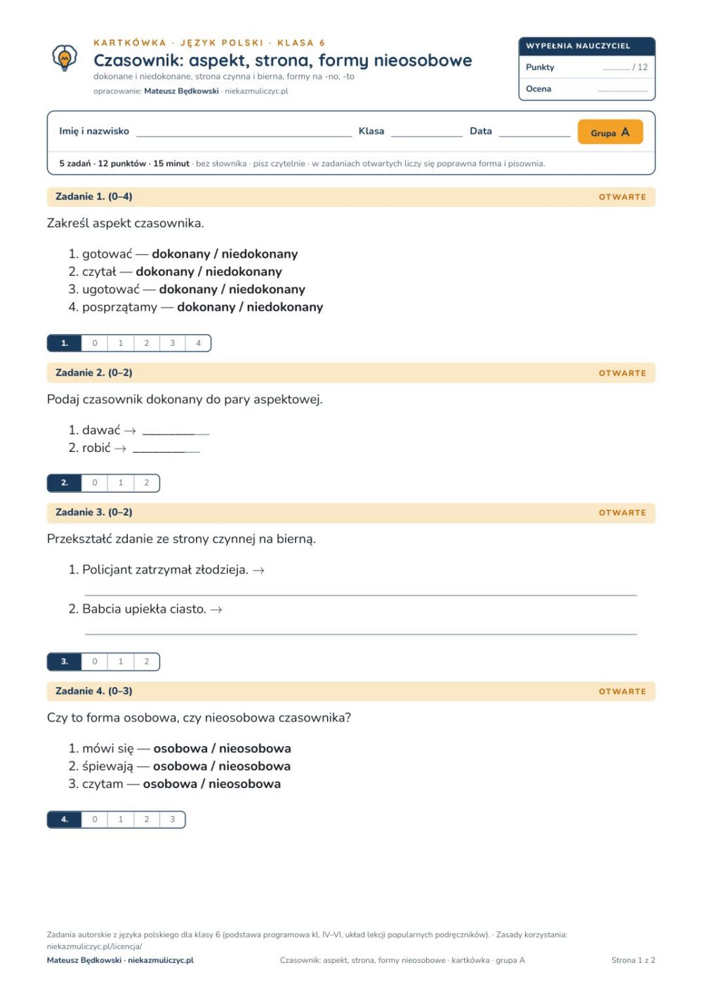 Czasownik: aspekt, strona, formy nieosobowe — kartkówka, polski kl. 6 — pierwsza strona arkusza grupy A