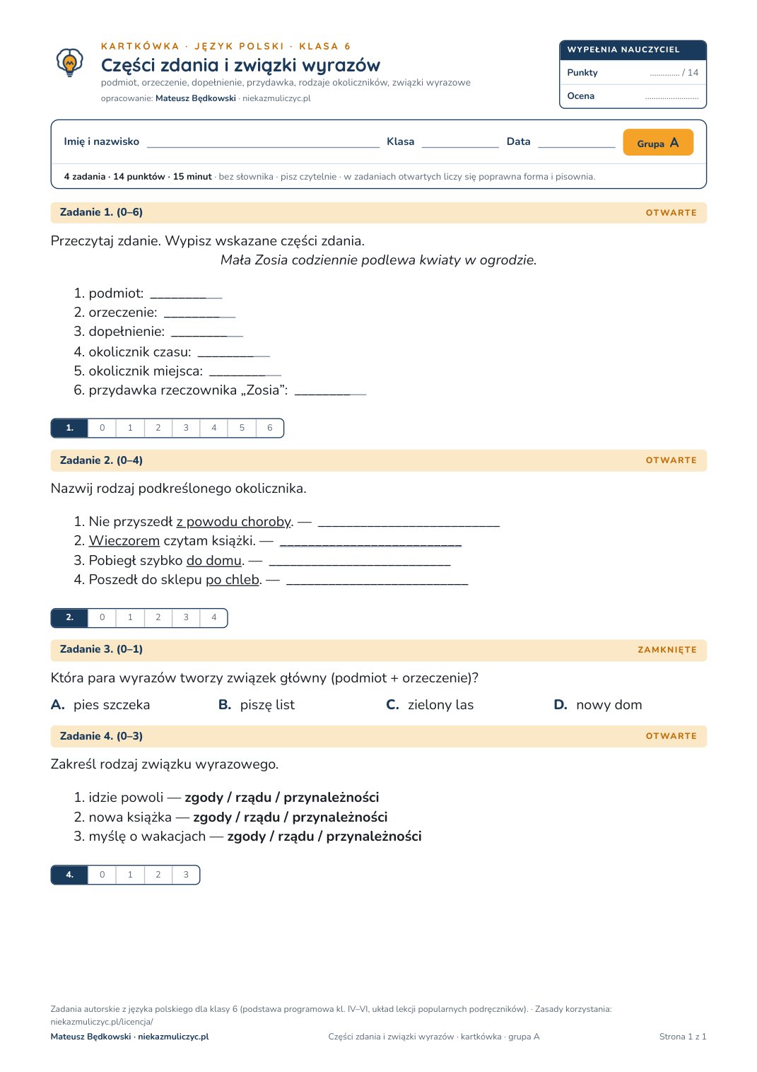 Okładka: Części zdania i związki wyrazów — kartkówka, polski kl. 6