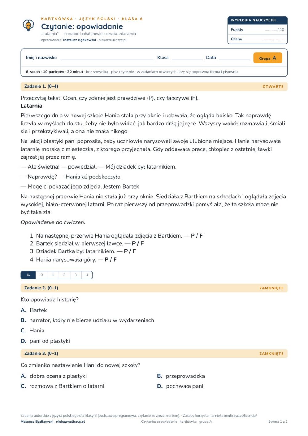 Czytanie: opowiadanie — kartkówka, polski kl. 6 — pierwsza strona arkusza grupy A