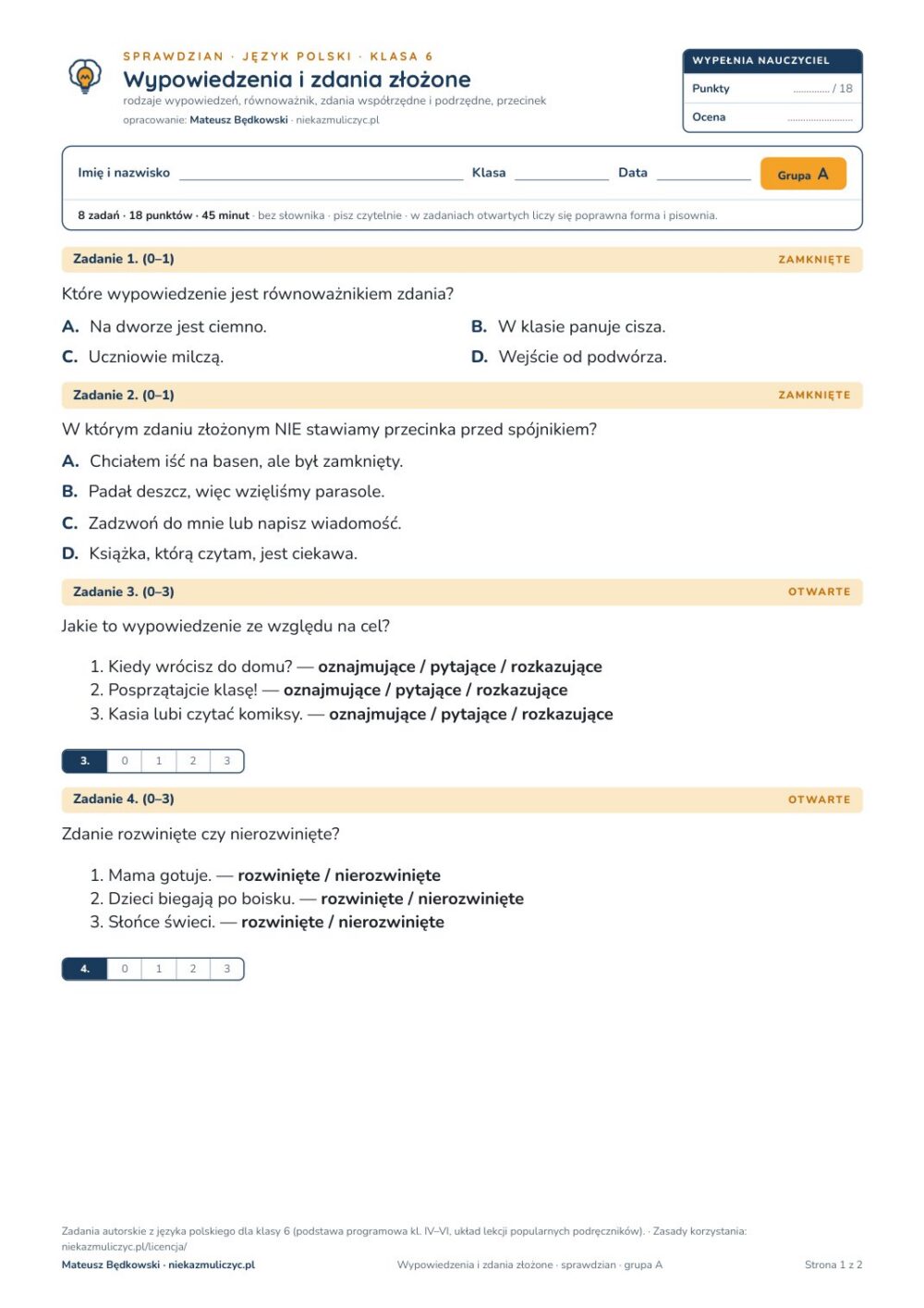 Wypowiedzenia i zdania złożone — sprawdzian, polski kl. 6 — pierwsza strona arkusza grupy A