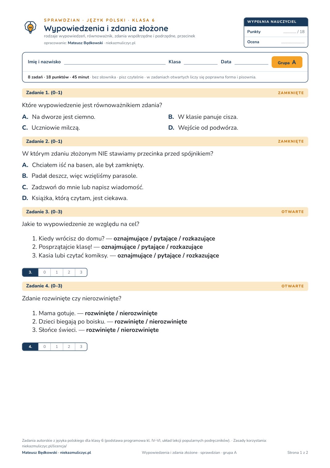 Okładka: Wypowiedzenia i zdania złożone — sprawdzian, polski kl. 6