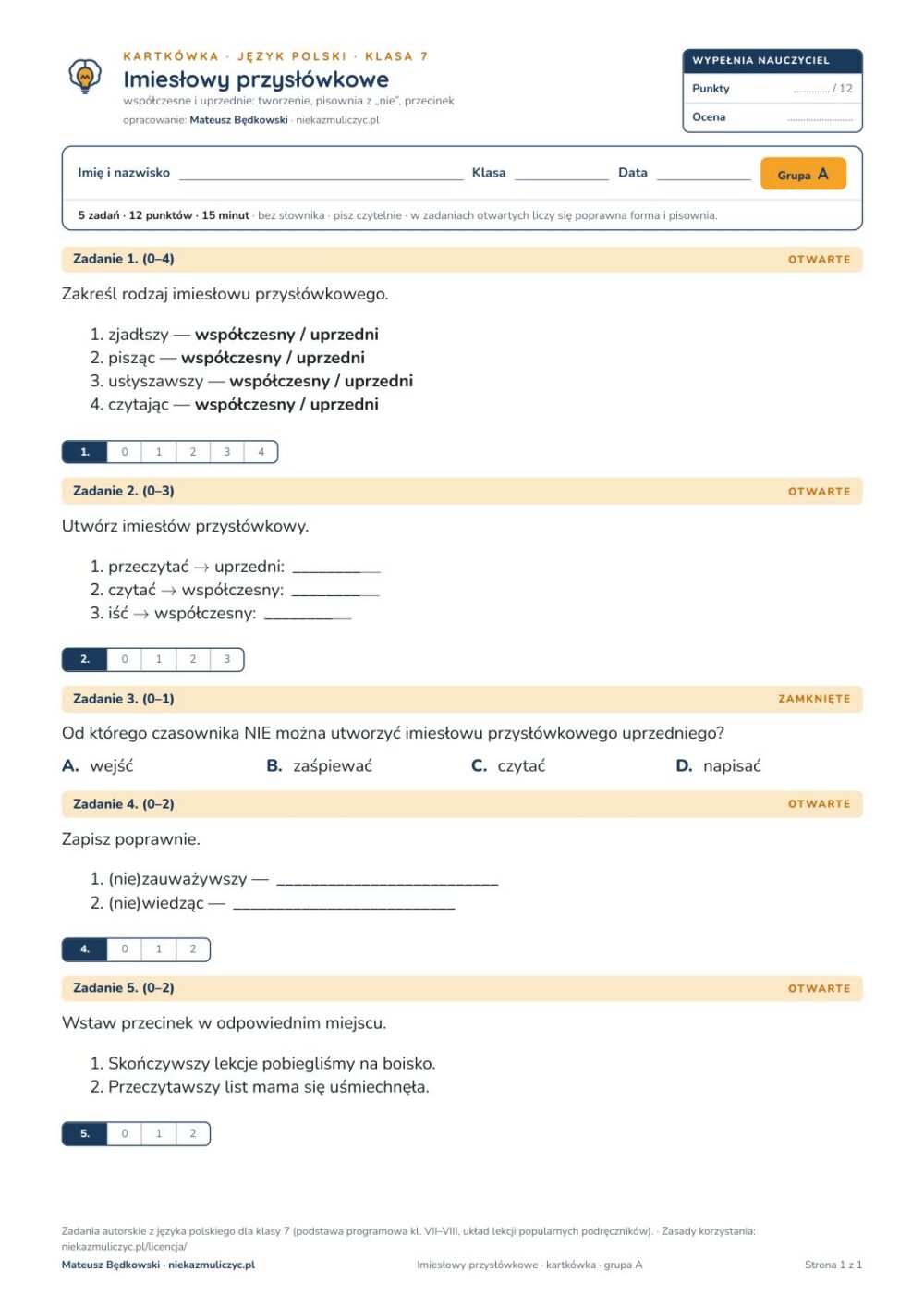 Imiesłowy przysłówkowe — kartkówka, polski kl. 7 — pierwsza strona arkusza grupy A