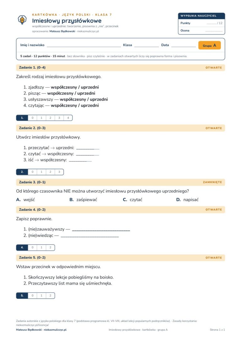 Imiesłowy przysłówkowe — kartkówka, polski kl. 7 — pierwsza strona arkusza grupy A