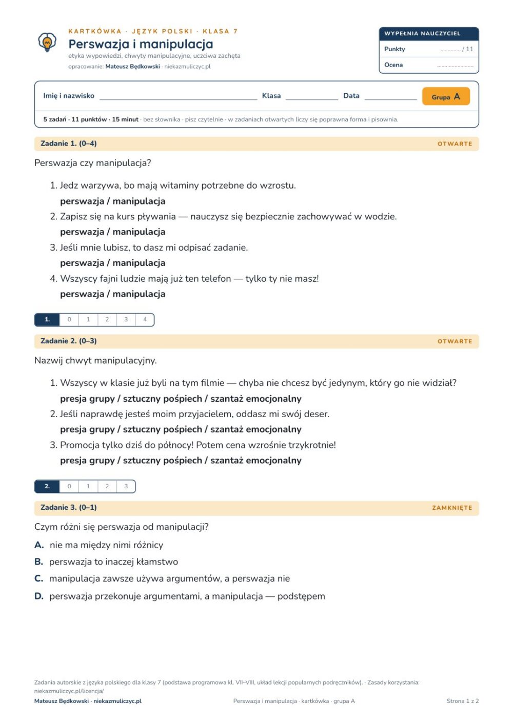 Perswazja i manipulacja — kartkówka, polski kl. 7 — pierwsza strona arkusza grupy A