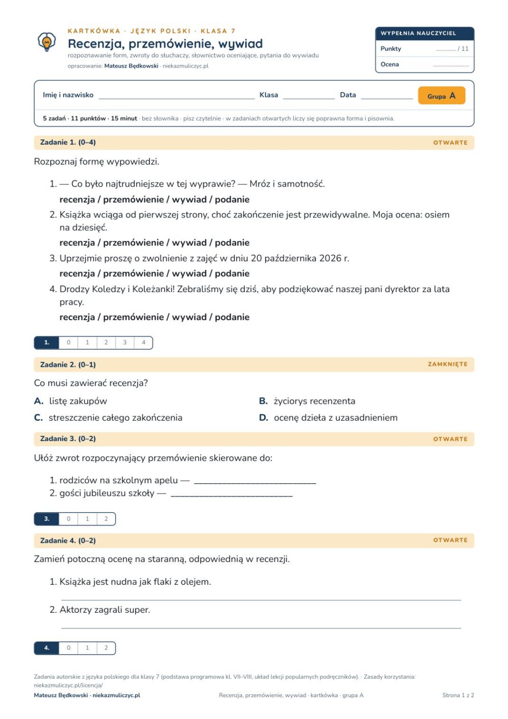 Recenzja, przemówienie, wywiad — kartkówka, polski kl. 7 — pierwsza strona arkusza grupy A