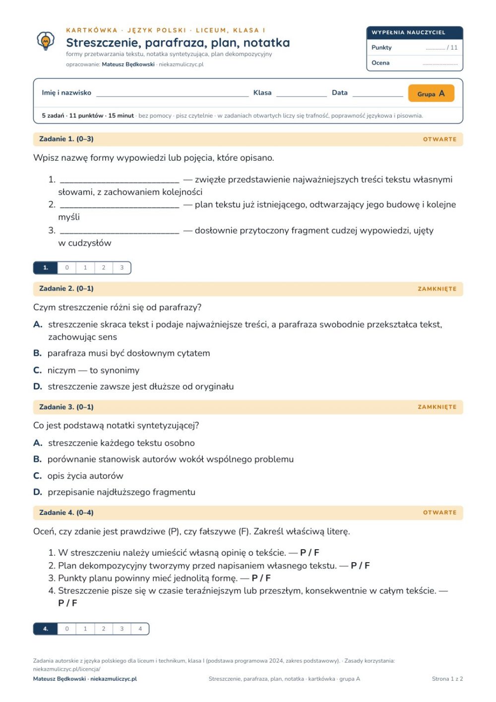 Streszczenie, parafraza, plan, notatka — kartkówka, polski LO kl. 1 — pierwsza strona arkusza grupy A