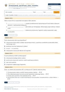 Streszczenie, parafraza, plan, notatka — kartkówka, polski LO kl. 1 — pierwsza strona arkusza grupy A