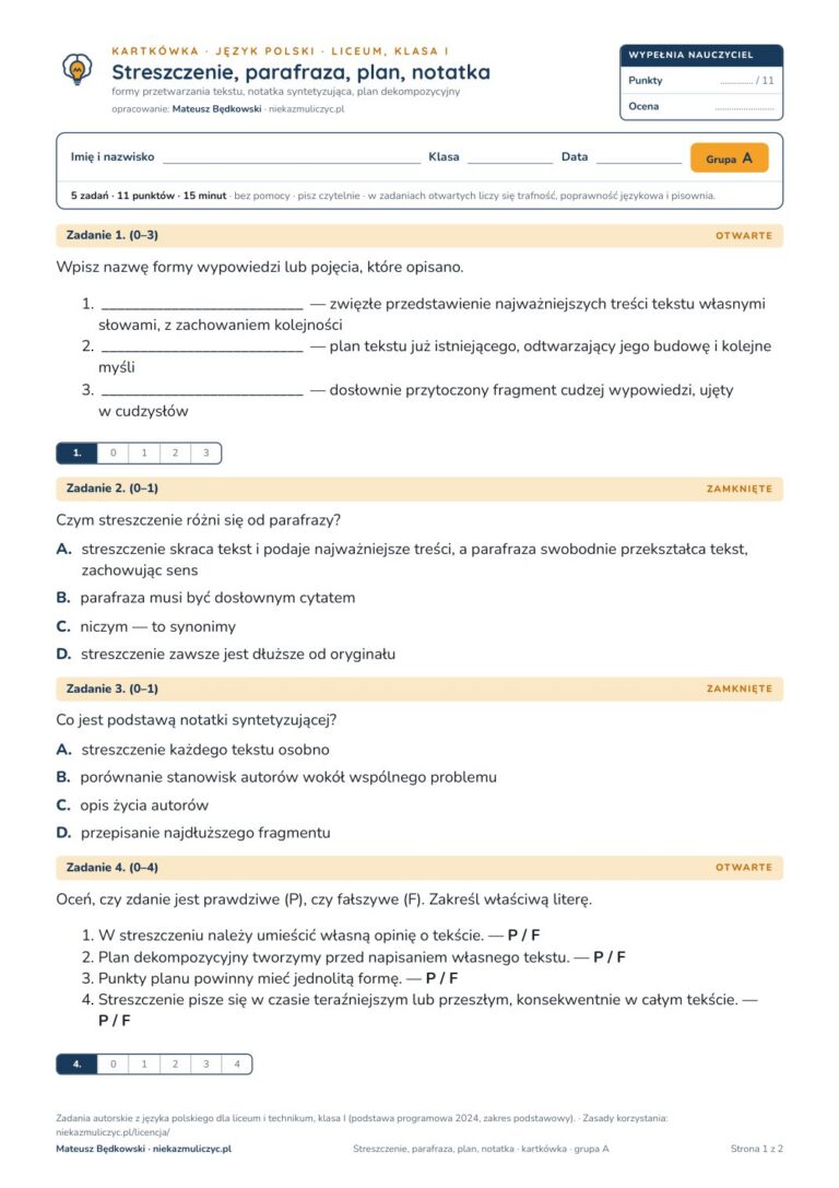 Streszczenie, parafraza, plan, notatka — kartkówka, polski LO kl. 1 — pierwsza strona arkusza grupy A