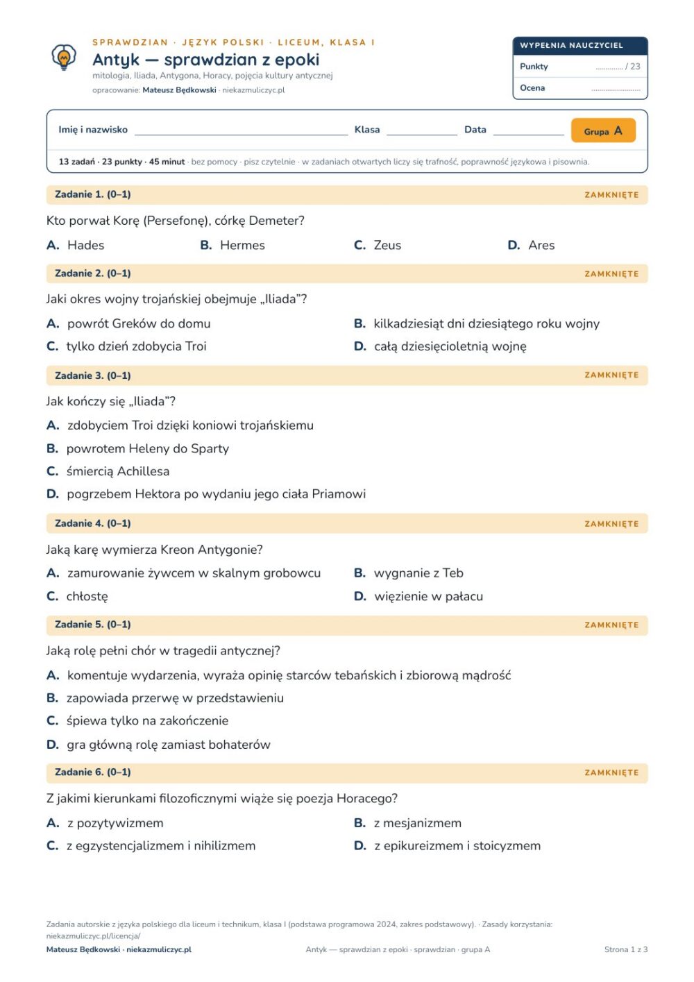 Antyk — sprawdzian z epoki — sprawdzian, polski LO kl. 1 — pierwsza strona arkusza grupy A