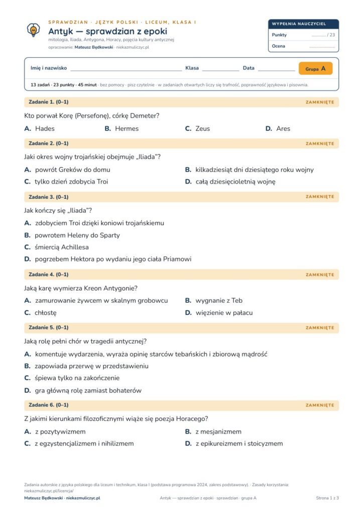 Pierwsza strona: Antyk — sprawdzian z epoki — sprawdzian, polski LO kl. 1