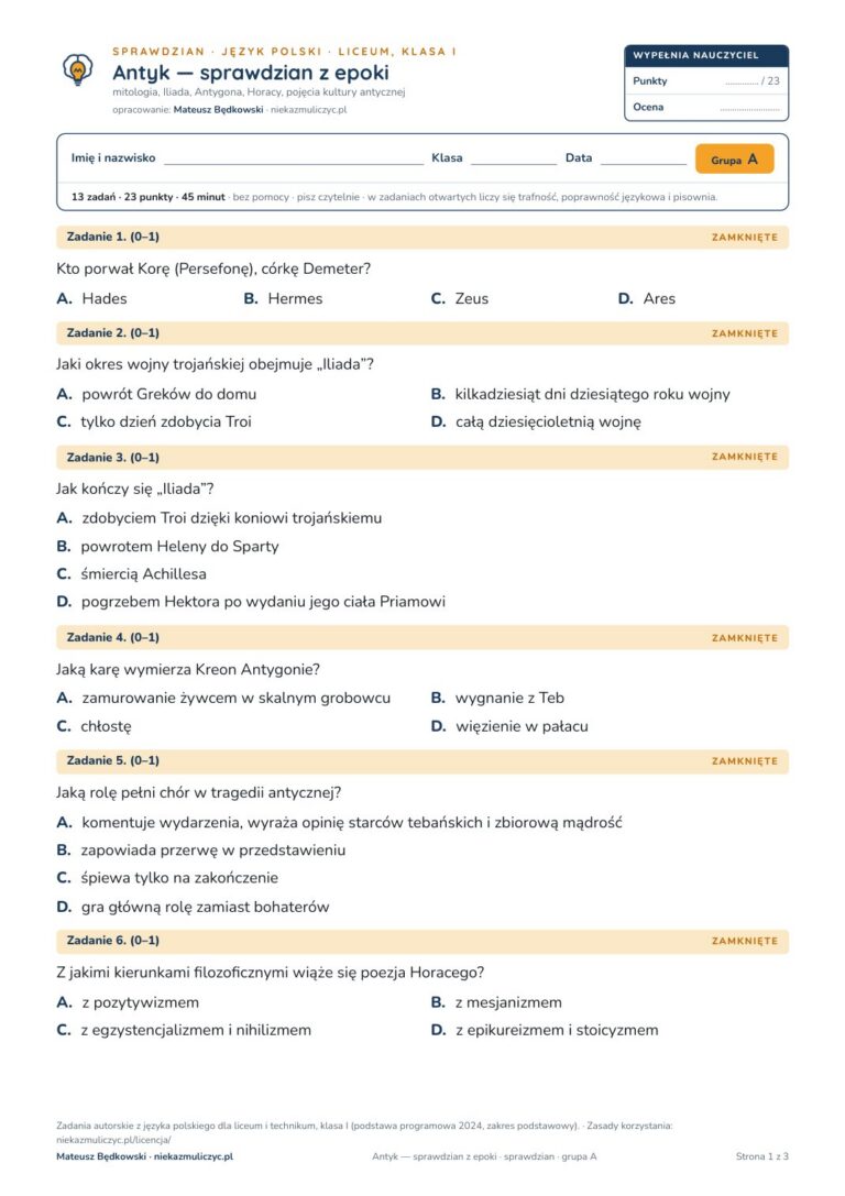 Antyk — sprawdzian z epoki — sprawdzian, polski LO kl. 1 — pierwsza strona arkusza grupy A