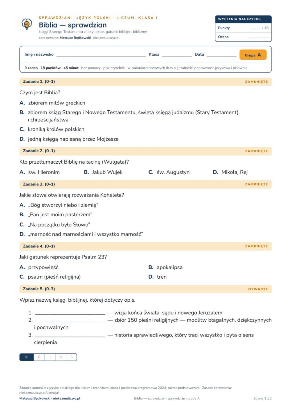 Biblia — sprawdzian — sprawdzian, polski LO kl. 1 — pierwsza strona arkusza grupy A