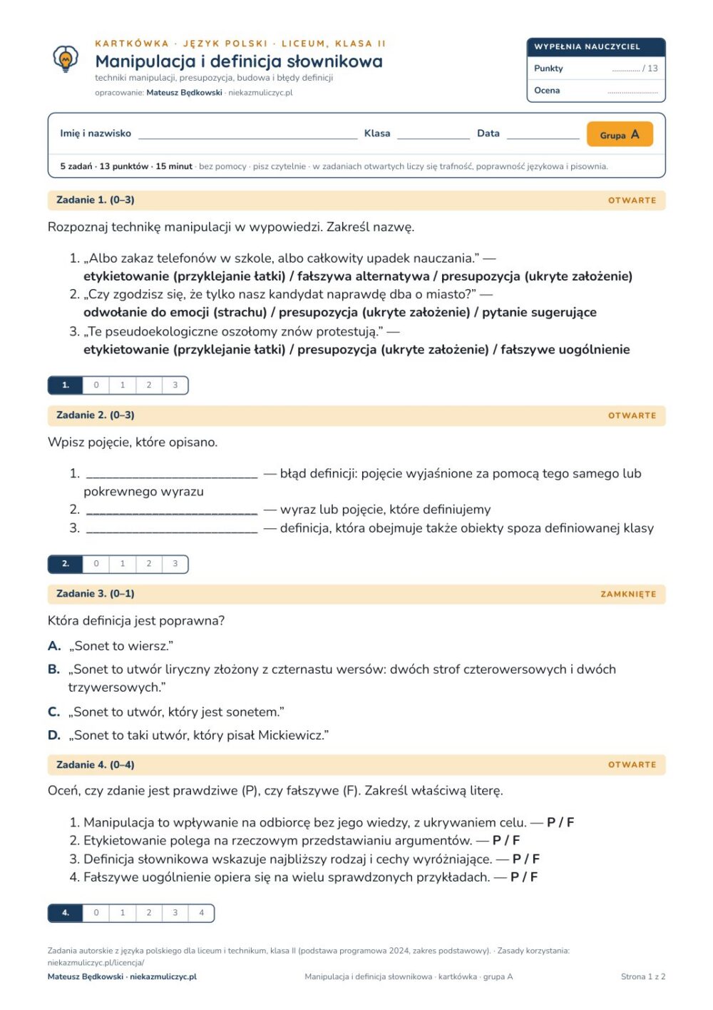 Manipulacja i definicja słownikowa — kartkówka, polski LO kl. 2 — pierwsza strona arkusza grupy A