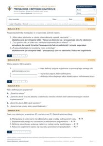 Manipulacja i definicja słownikowa — kartkówka, polski LO kl. 2 — pierwsza strona arkusza grupy A