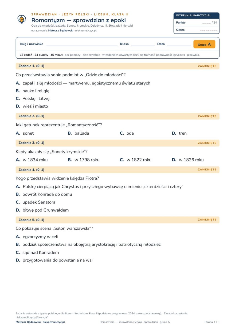 Romantyzm — sprawdzian z epoki — sprawdzian, polski LO kl. 2 — pierwsza strona arkusza grupy A