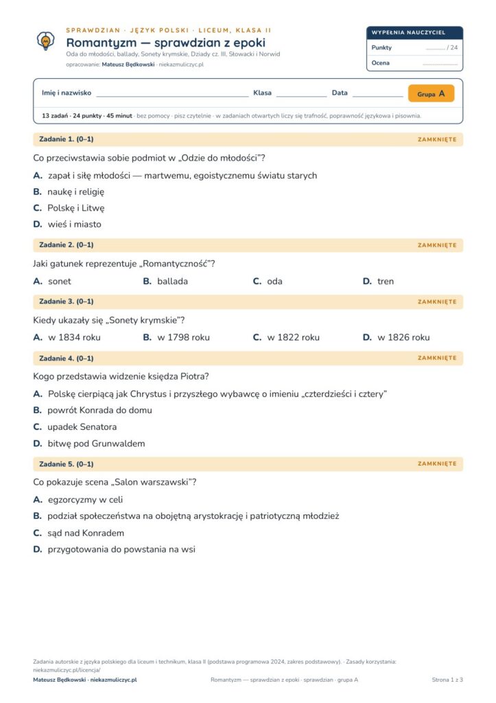 Pierwsza strona: Romantyzm — sprawdzian z epoki — sprawdzian, polski LO kl. 2