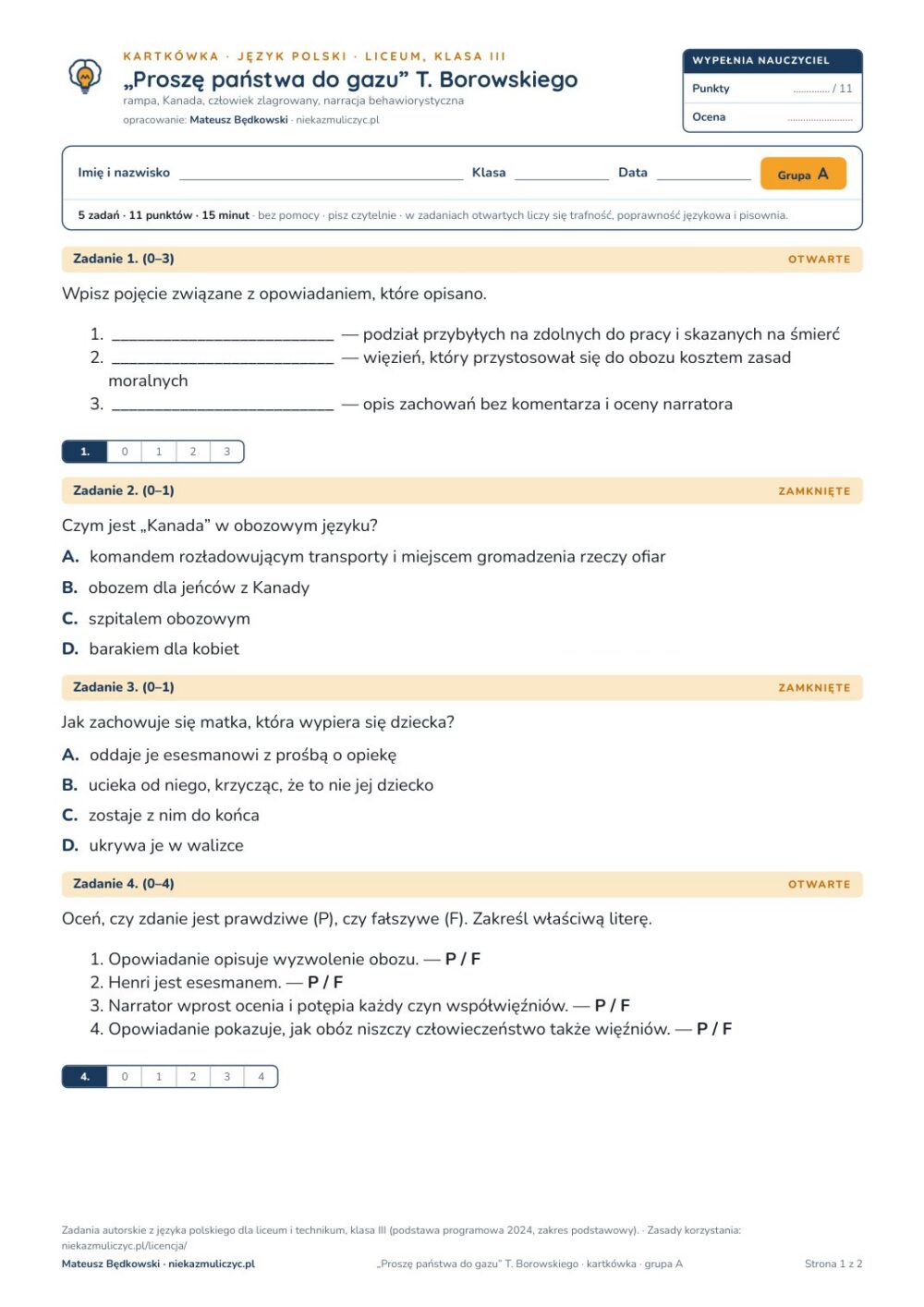 „Proszę państwa do gazu” T. Borowskiego — kartkówka, polski LO kl. 3 — pierwsza strona arkusza grupy A
