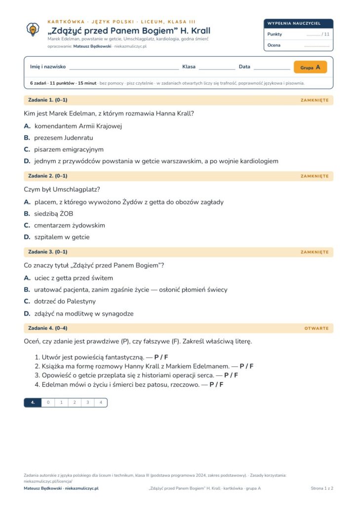 Pierwsza strona: „Zdążyć przed Panem Bogiem” H. Krall — kartkówka, polski LO kl. 3
