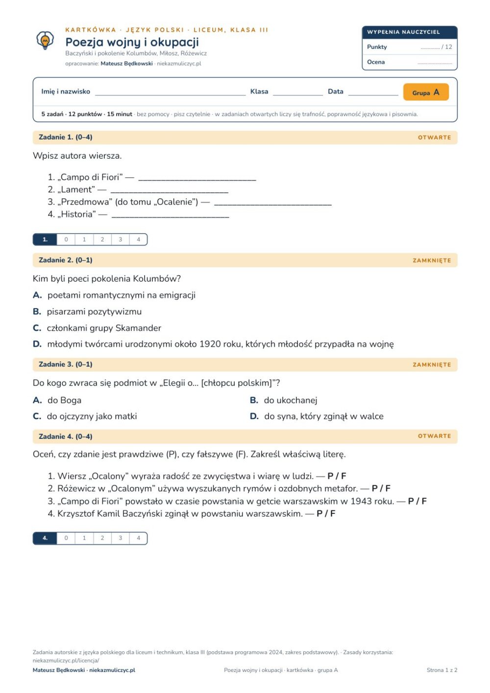 Poezja wojny i okupacji — kartkówka, polski LO kl. 3 — pierwsza strona arkusza grupy A