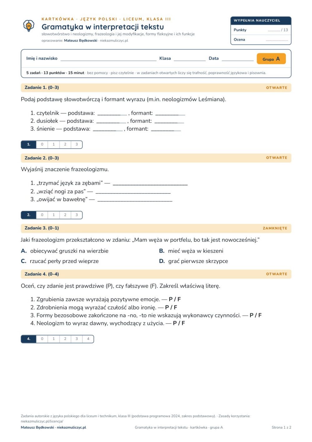 Gramatyka w interpretacji tekstu — kartkówka, polski LO kl. 3 — pierwsza strona arkusza grupy A