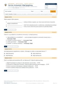 Norma, innowacja i błąd językowy — kartkówka, polski LO kl. 3 — pierwsza strona arkusza grupy A