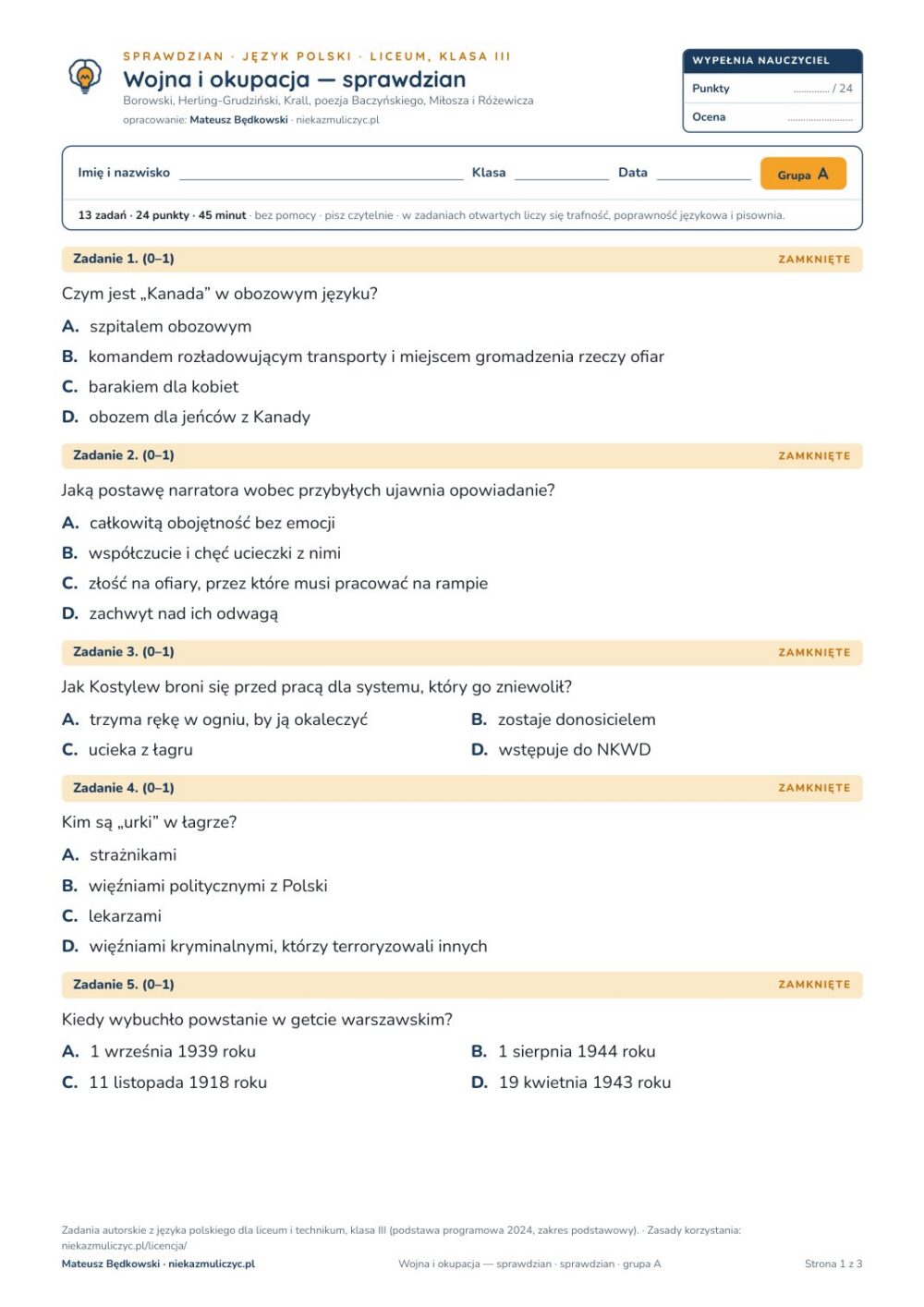 Wojna i okupacja — sprawdzian — sprawdzian, polski LO kl. 3 — pierwsza strona arkusza grupy A