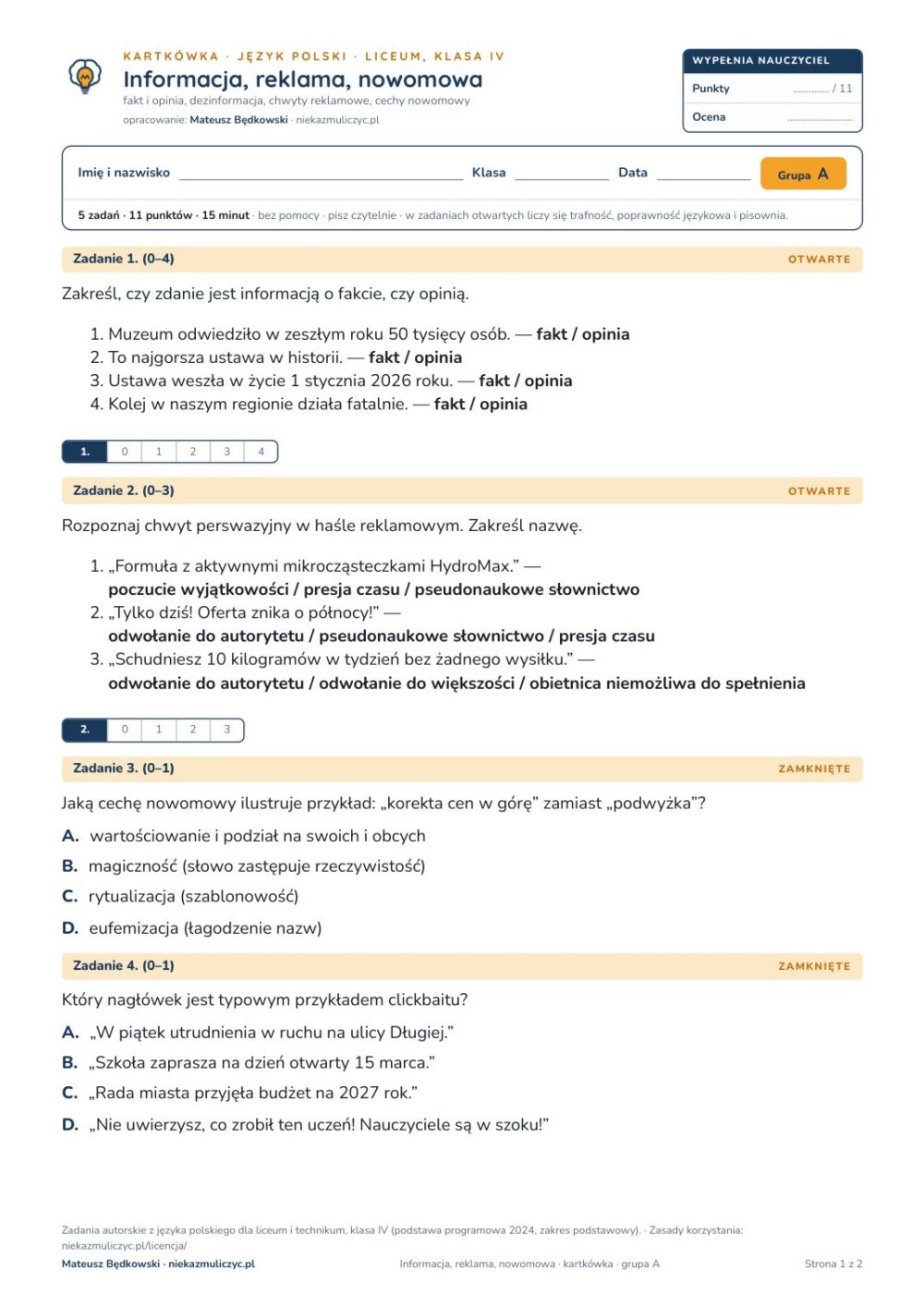 Informacja, reklama, nowomowa — kartkówka, polski LO kl. 4 — pierwsza strona arkusza grupy A