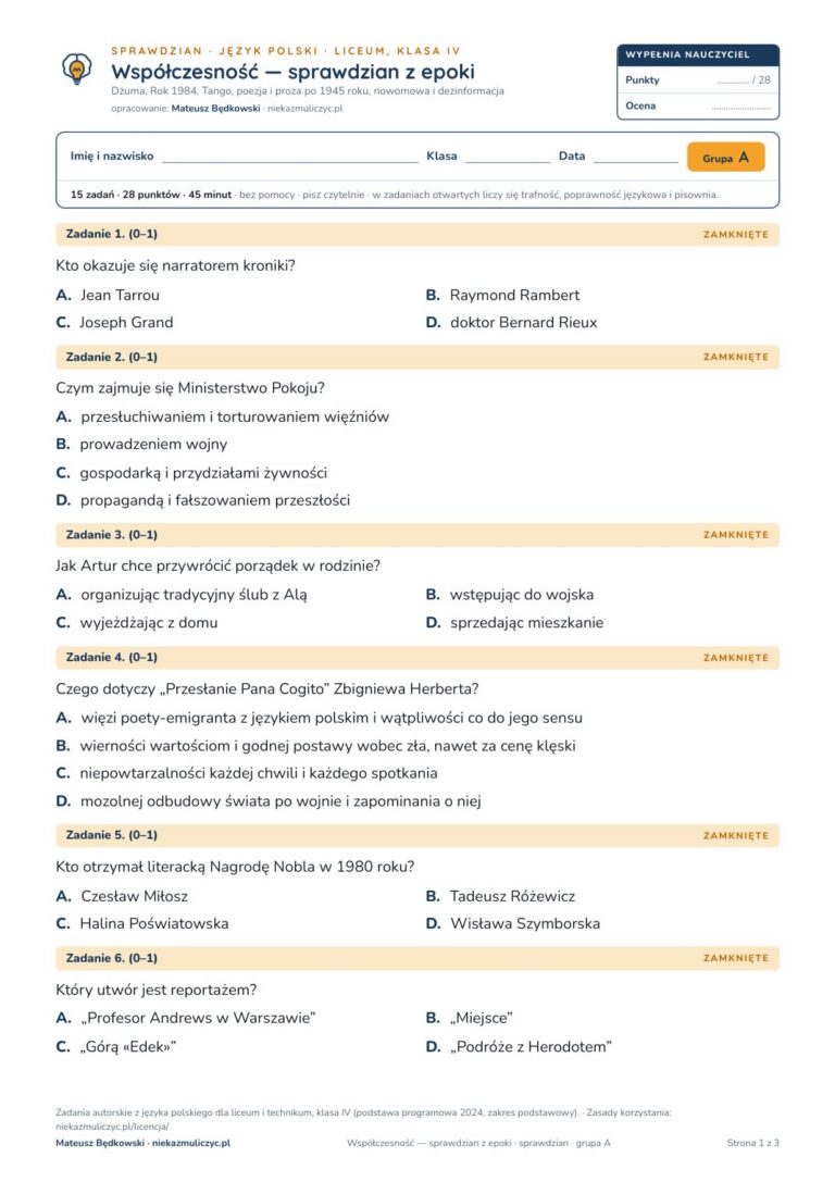 Współczesność — sprawdzian z epoki — sprawdzian, polski LO kl. 4 — pierwsza strona arkusza grupy A