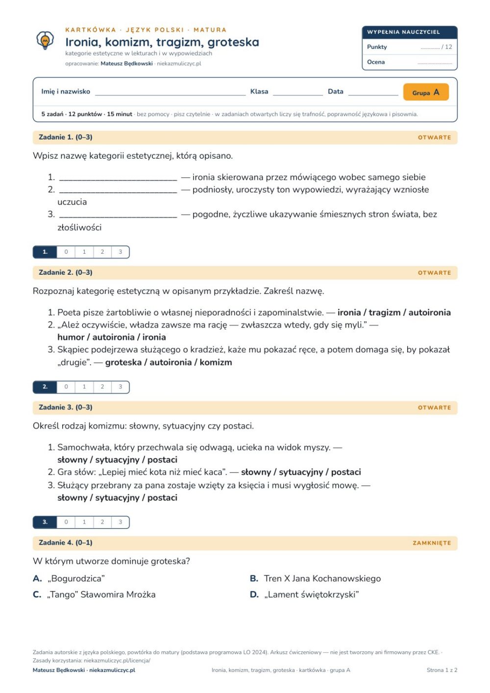 Ironia, komizm, tragizm, groteska — kartkówka, polski matura — pierwsza strona arkusza grupy A