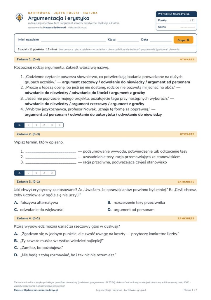 Pierwsza strona: Argumentacja i erystyka — kartkówka, polski matura
