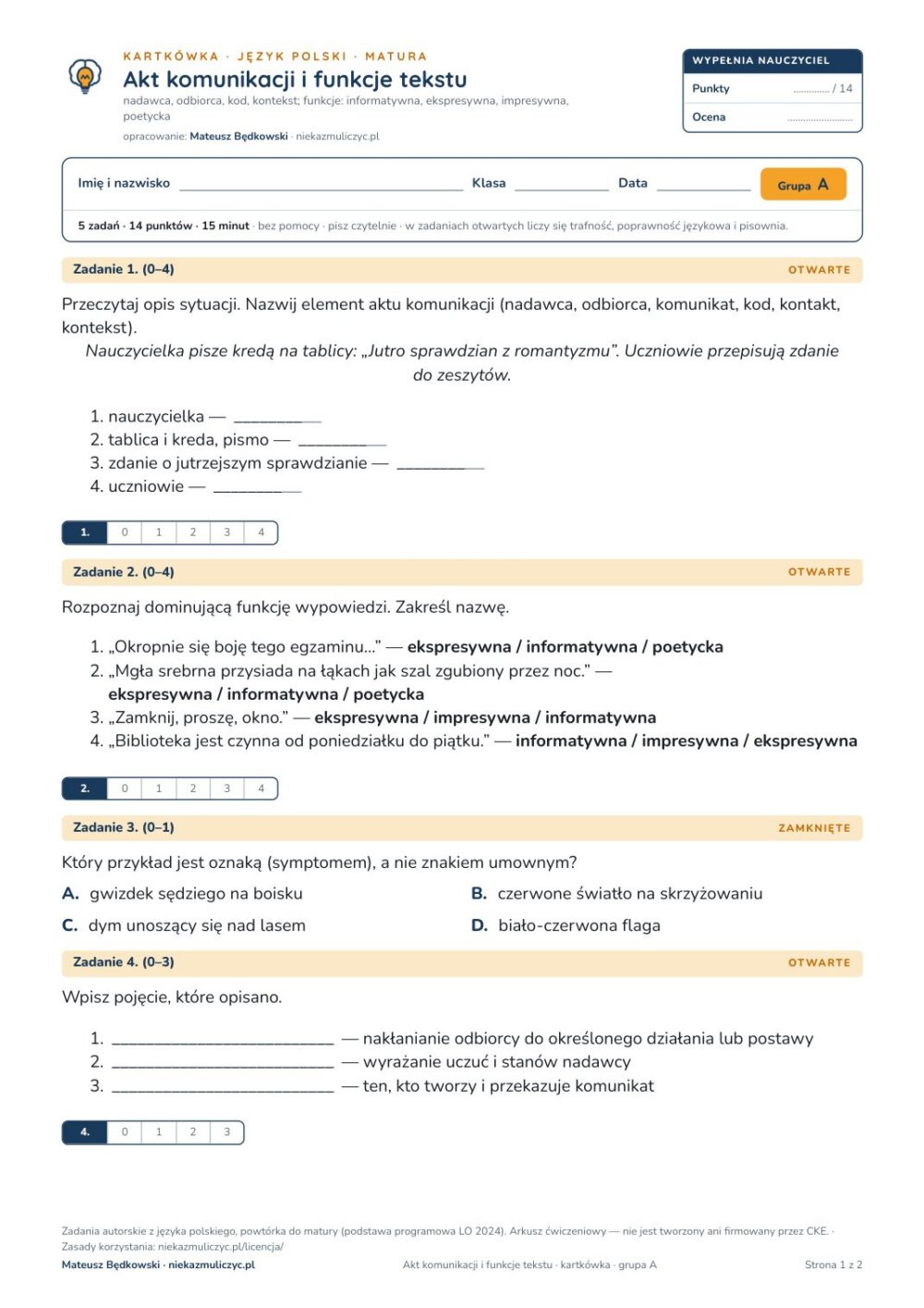Akt komunikacji i funkcje tekstu — kartkówka, polski matura — pierwsza strona arkusza grupy A