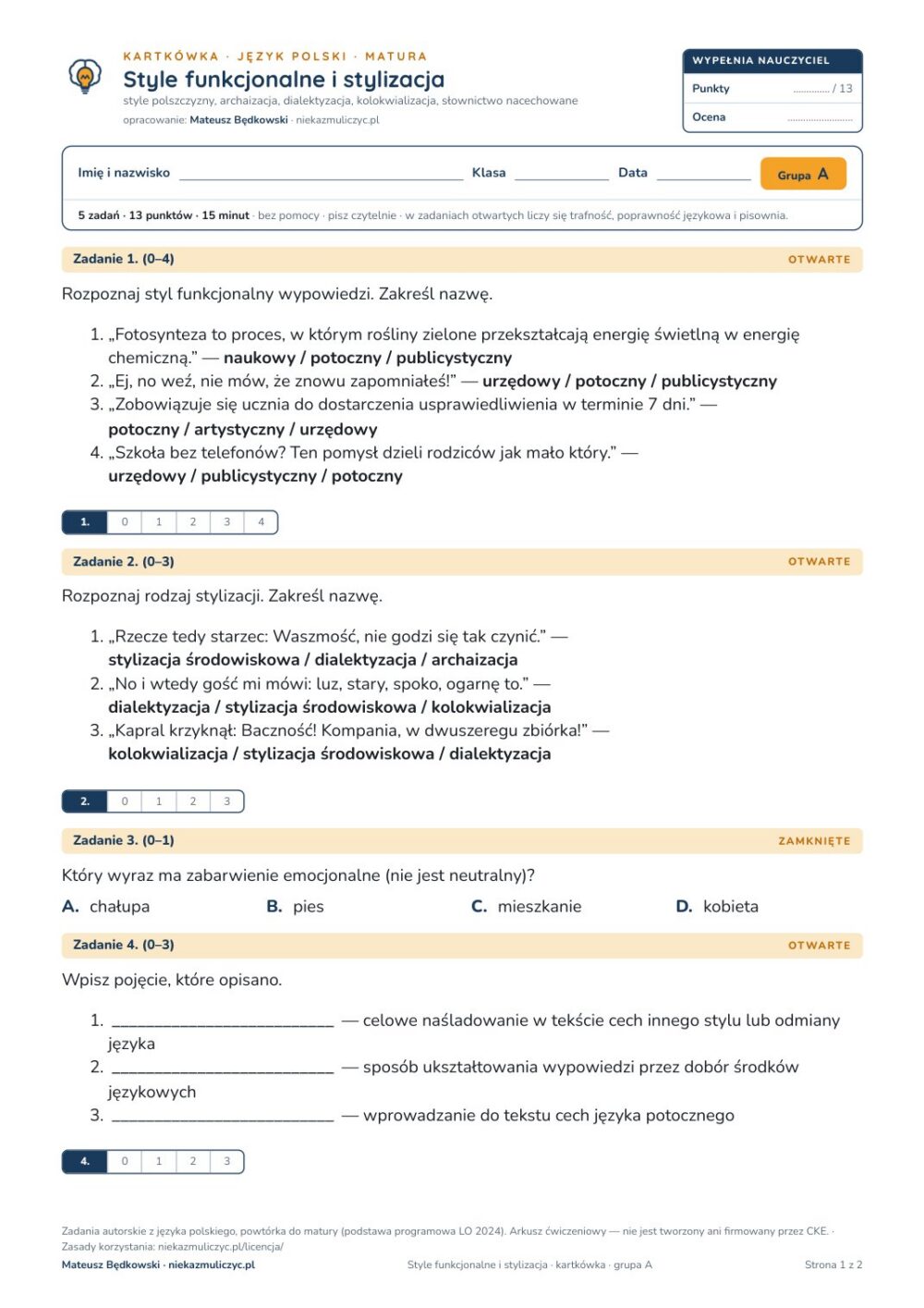 Style funkcjonalne i stylizacja — kartkówka, polski matura — pierwsza strona arkusza grupy A