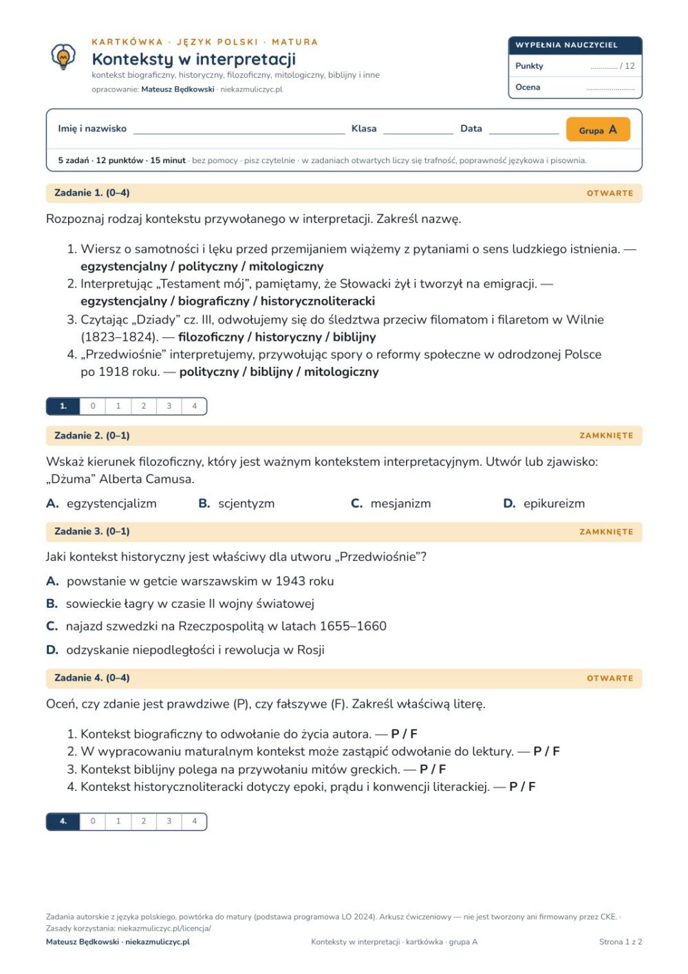Konteksty w interpretacji — kartkówka, polski matura — pierwsza strona arkusza grupy A