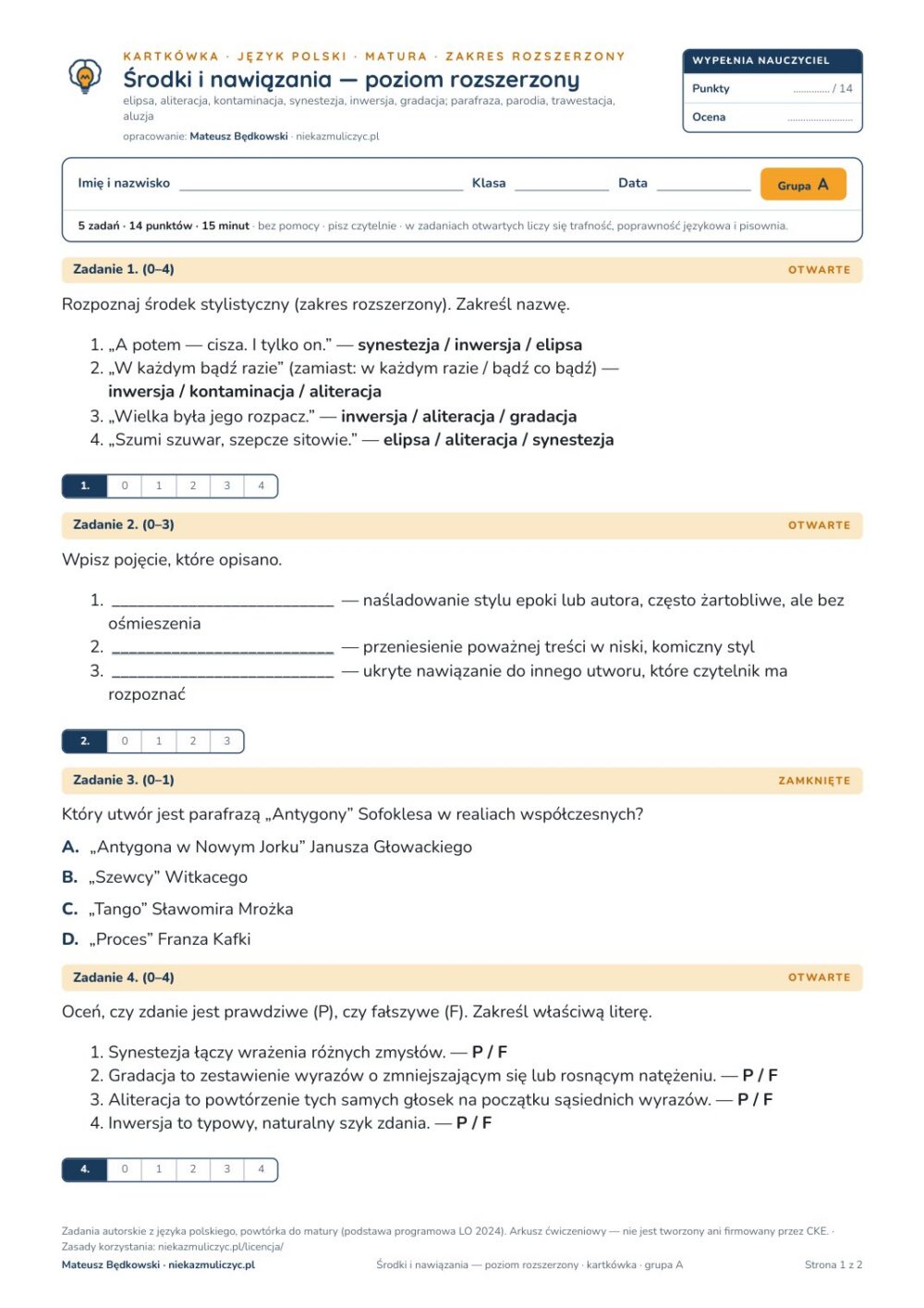 Środki i nawiązania — poziom rozszerzony — kartkówka z polskiego — pierwsza strona arkusza grupy A