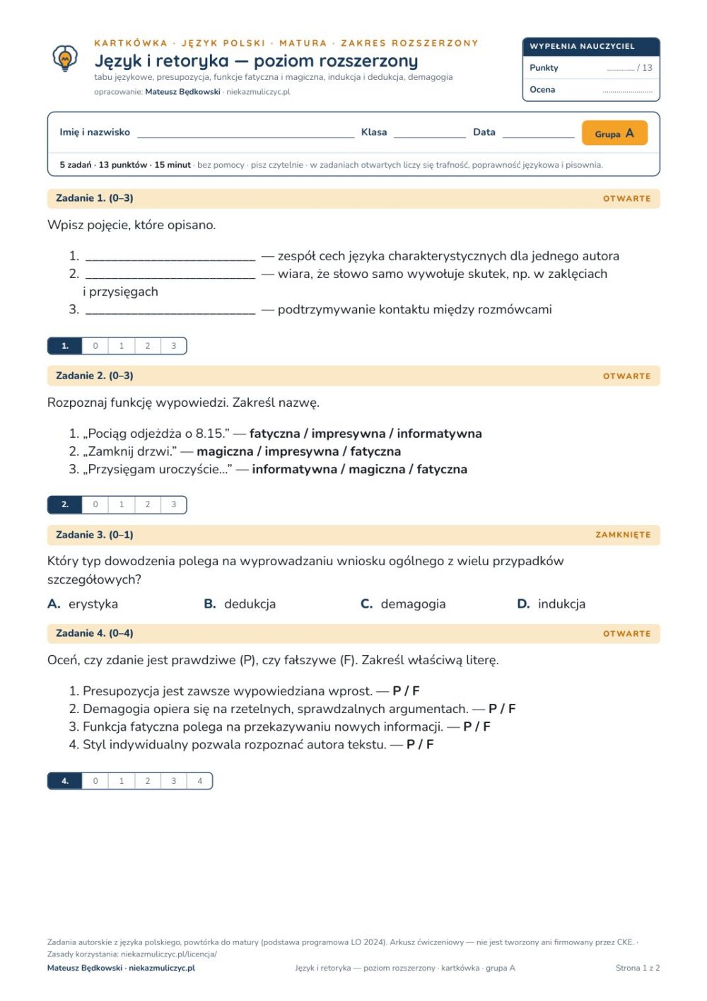 Język i retoryka — poziom rozszerzony — kartkówka z polskiego — pierwsza strona arkusza grupy A