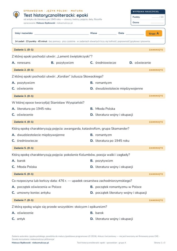 Pierwsza strona: Test historycznoliteracki: epoki — sprawdzian, polski matura