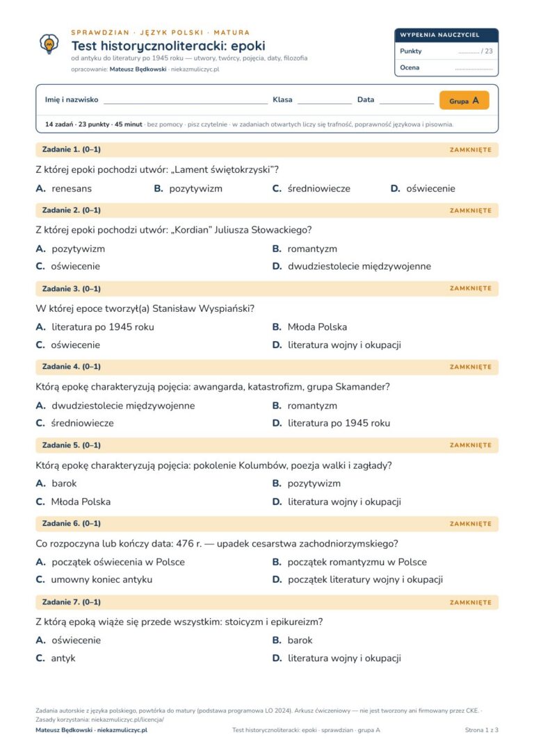 Test historycznoliteracki: epoki — sprawdzian, polski matura — pierwsza strona arkusza grupy A