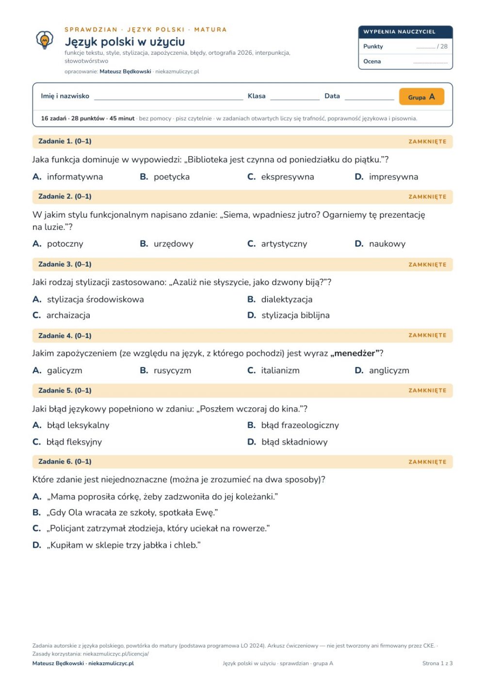Język polski w użyciu — sprawdzian, polski matura — pierwsza strona arkusza grupy A