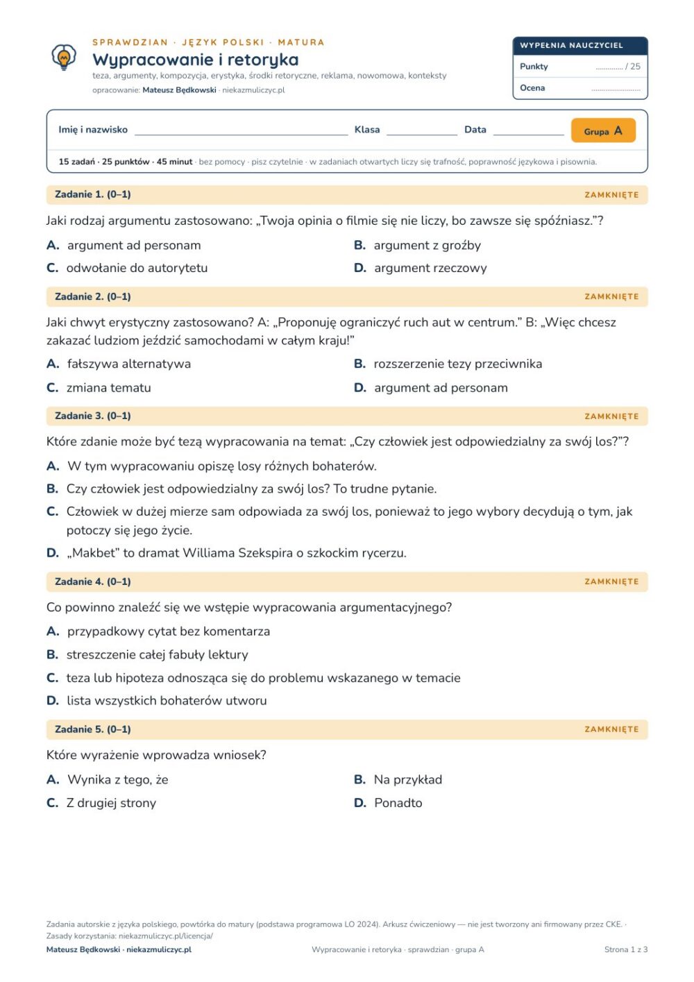 Wypracowanie i retoryka — sprawdzian, polski matura — pierwsza strona arkusza grupy A