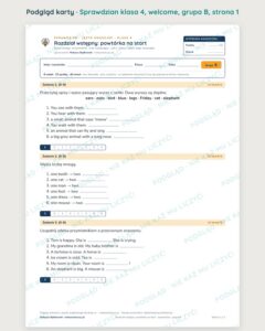 Sprawdzian angielski klasa 4 welcome: powtórka na start — grupy B–E — podgląd karty, strona 1