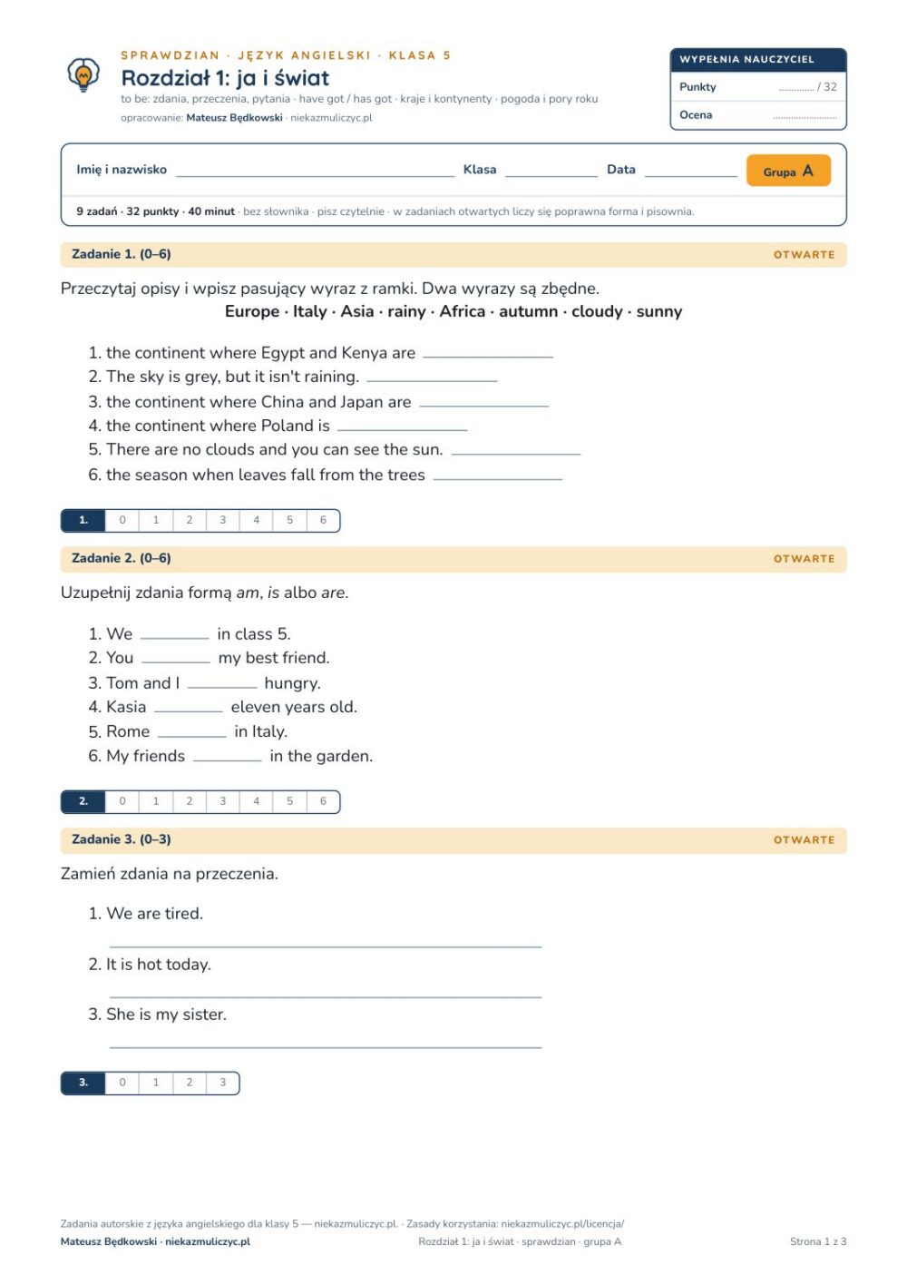 Sprawdziany z angielskiego klasa 5 — 9 rozdziałów, grupy A–E PDF — okładka