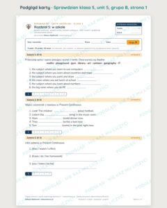 Sprawdzian angielski klasa 5 unit 5: w szkole — grupy B–E — podgląd karty, strona 1