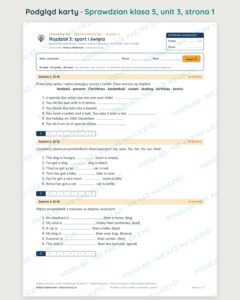 Sprawdziany z angielskiego klasa 5 — 9 rozdziałów, grupy A–E PDF — podgląd karty, strona 1