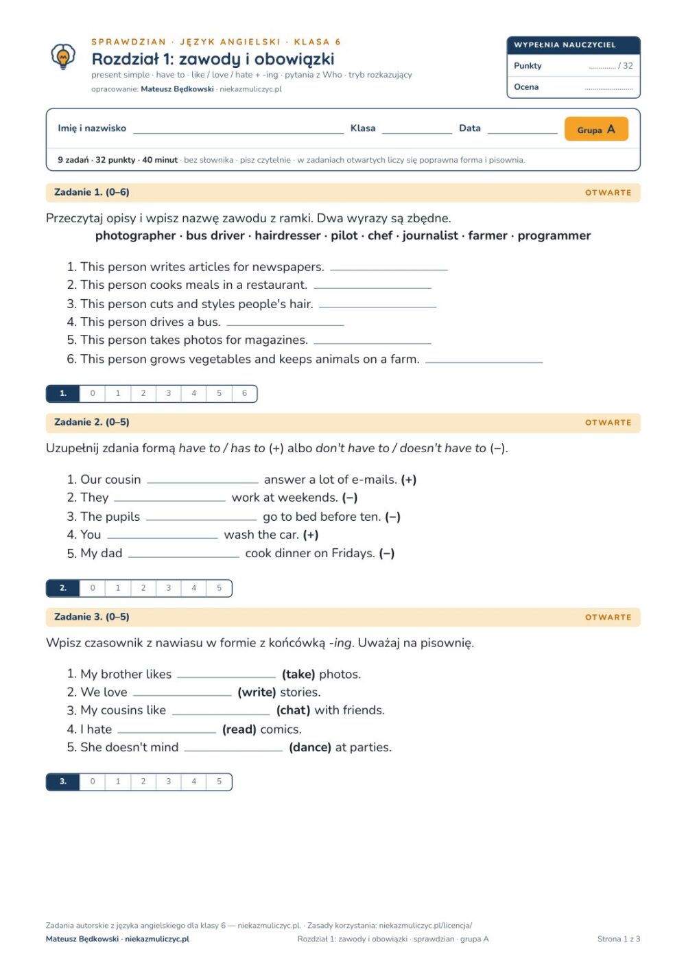 Sprawdziany z angielskiego klasa 6 — 9 rozdziałów, grupy A–E PDF — okładka
