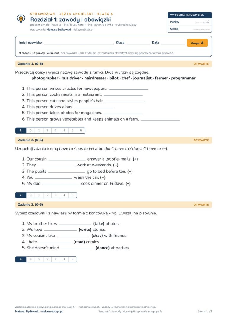 Sprawdziany z angielskiego klasa 6 — 9 rozdziałów, grupy A–E PDF — okładka