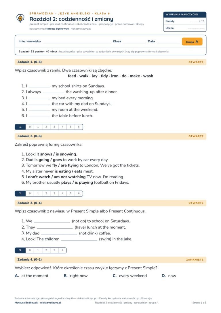 Sprawdzian angielski klasa 6 unit 2: codzienność i zmiany — grupy B–E — okładka