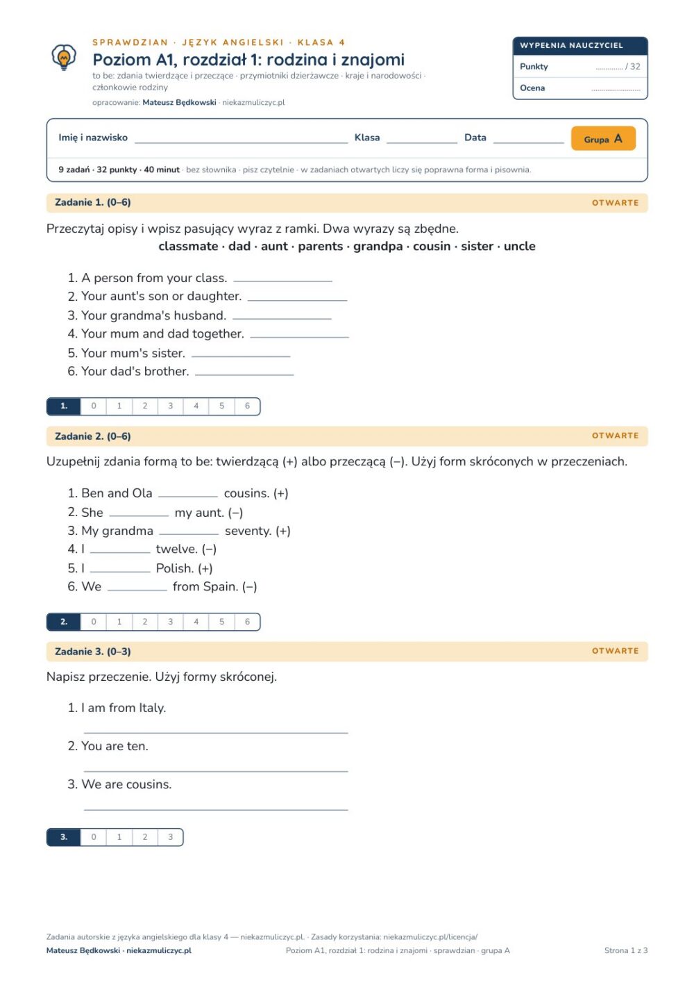 Sprawdziany z angielskiego klasa 4, poziom A1 — 9 rozdziałów, A–E PDF — okładka