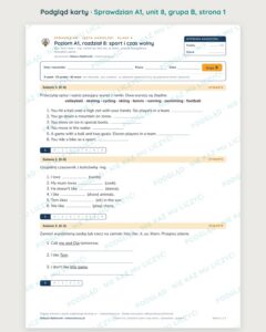Sprawdzian angielski klasa 4 A1 unit 8: sport i czas wolny — grupy B–E — podgląd karty, strona 1